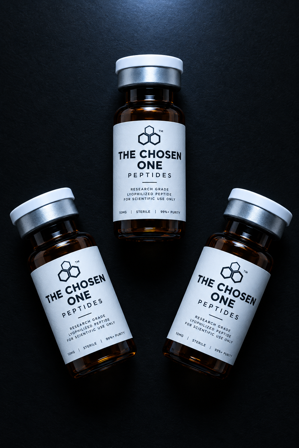 Three branded research vials on a dark surface